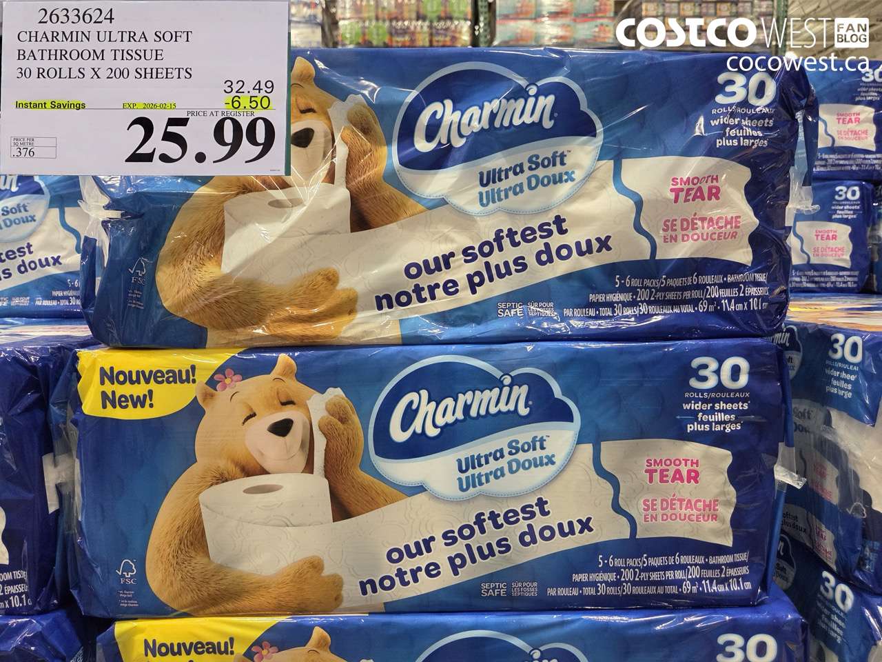2633624 CHARMIN ULTRA SOFT BATHROOM TISSUE 30 ROLLS X 20 SHEETS ($6.50 INSTANT SAVINGS EXPIRES ON 2026-02-15) $25.99