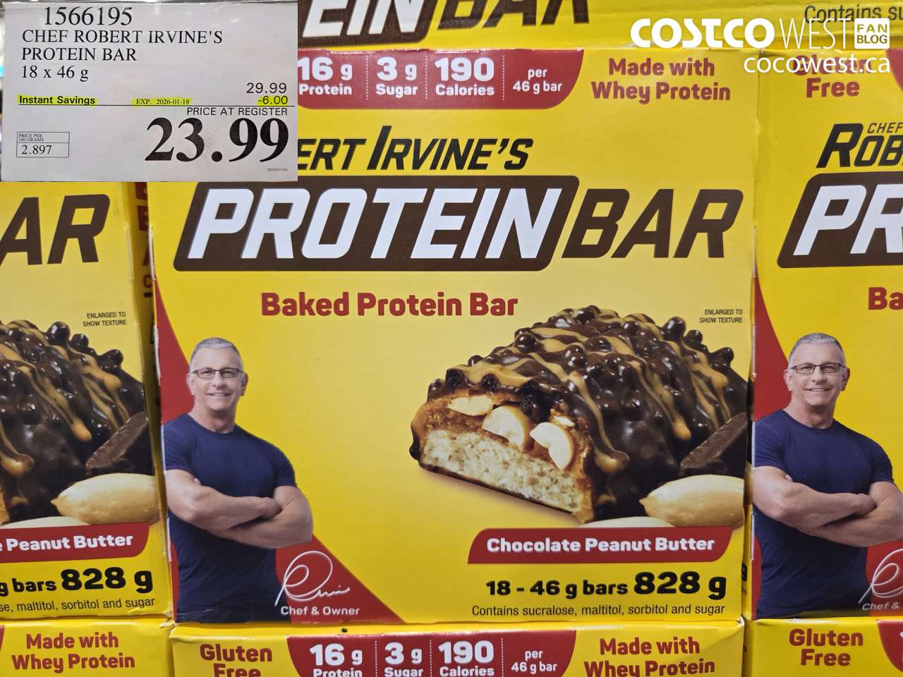 1566195 CHEF ROBERT IRVINE'S PROTEIN BAR 18 X 46G ($6.00 INSTANT SAVINGS EXPIRES ON 2026-01-18) $23.99