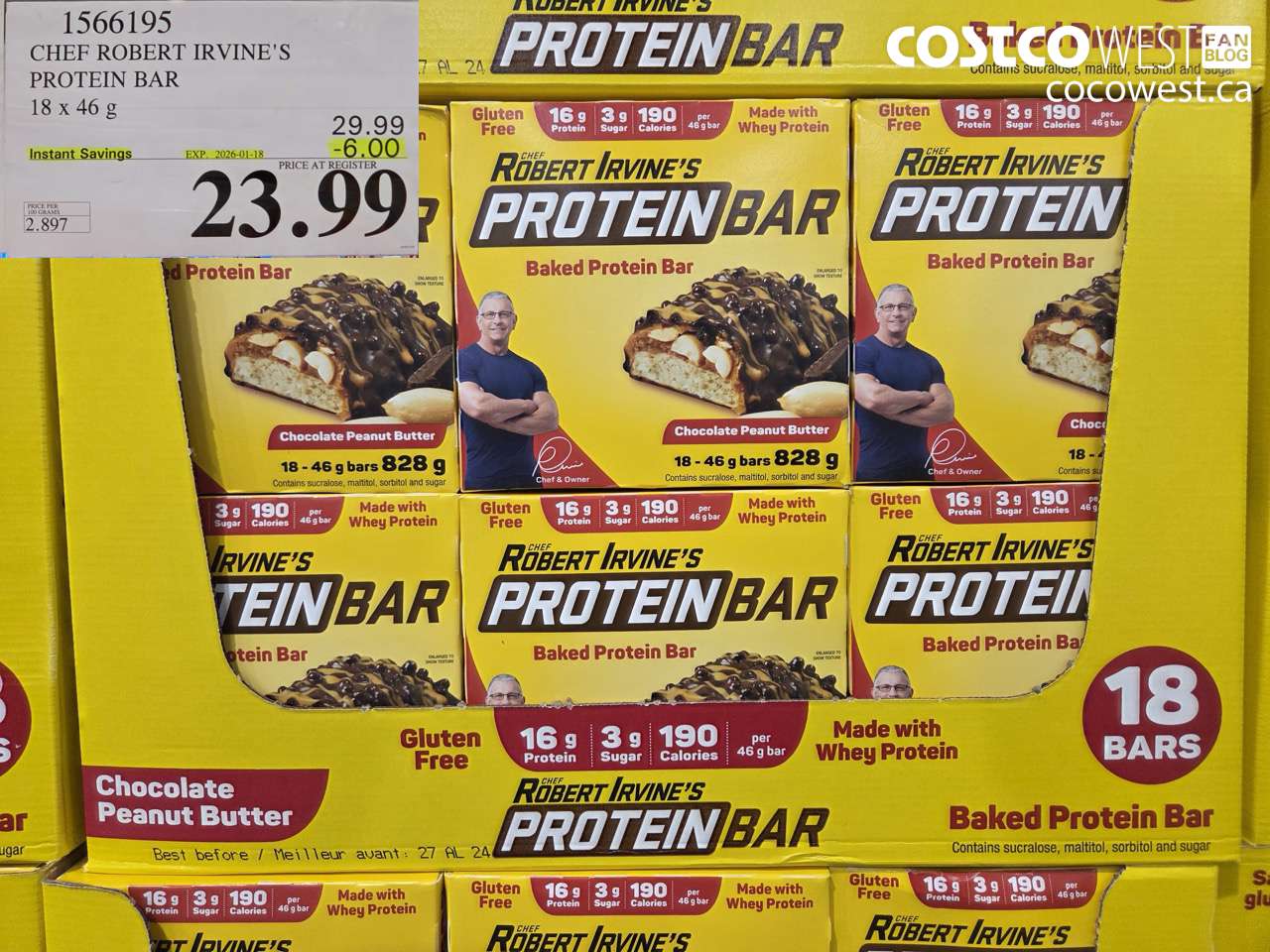 1566195 CHEF ROBERT IRVINE'S PROTEIN BAR 18 X 46G ($6.00 INSTANT SAVINGS EXPIRES ON 2026-01-18) $23.99