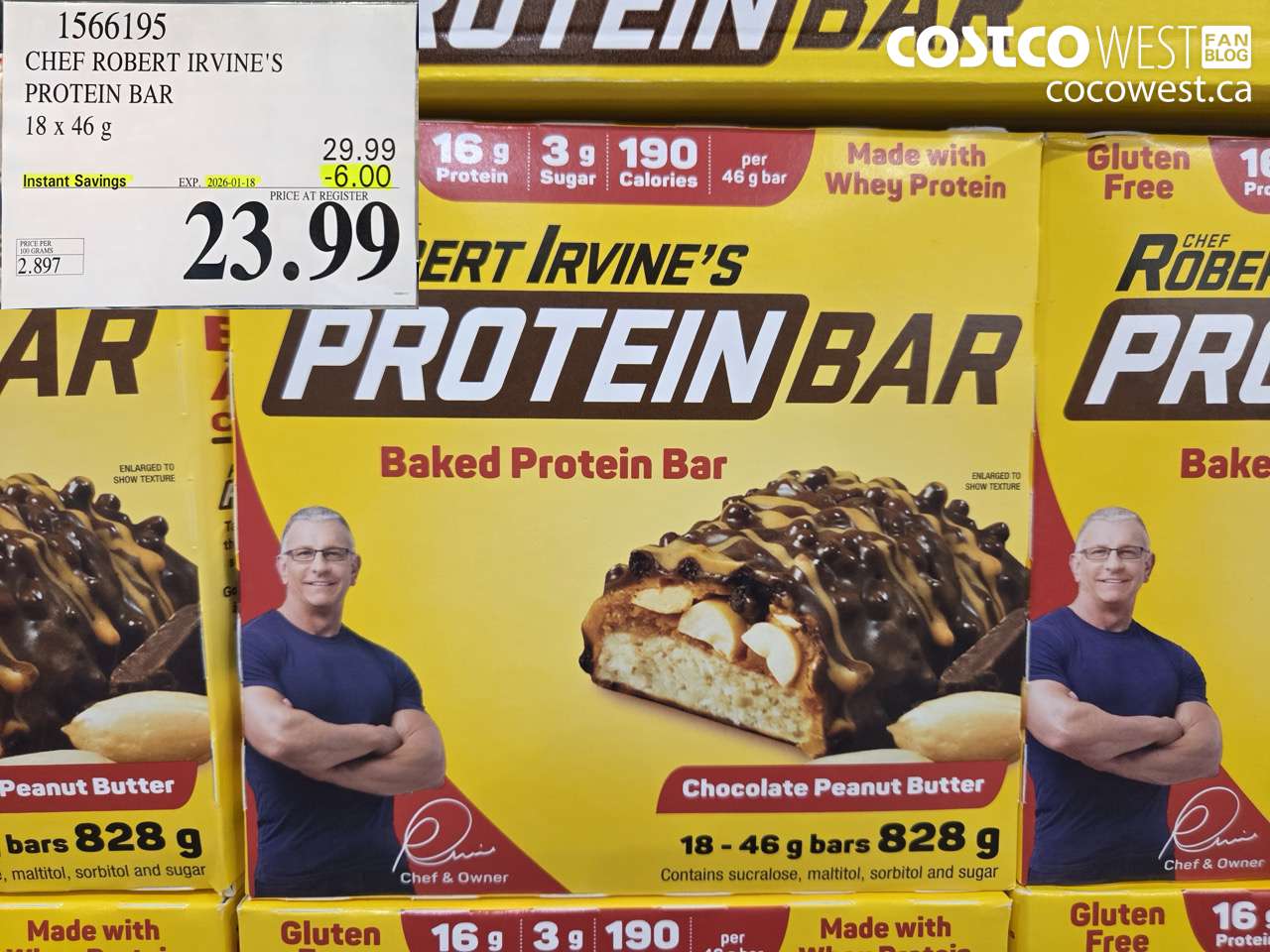 1566195 CHEF ROBERT IRVINE'S PROTEIN BAR 18 X 46G ($6.00 INSTANT SAVINGS EXPIRES ON 2026-01-18) $23.99