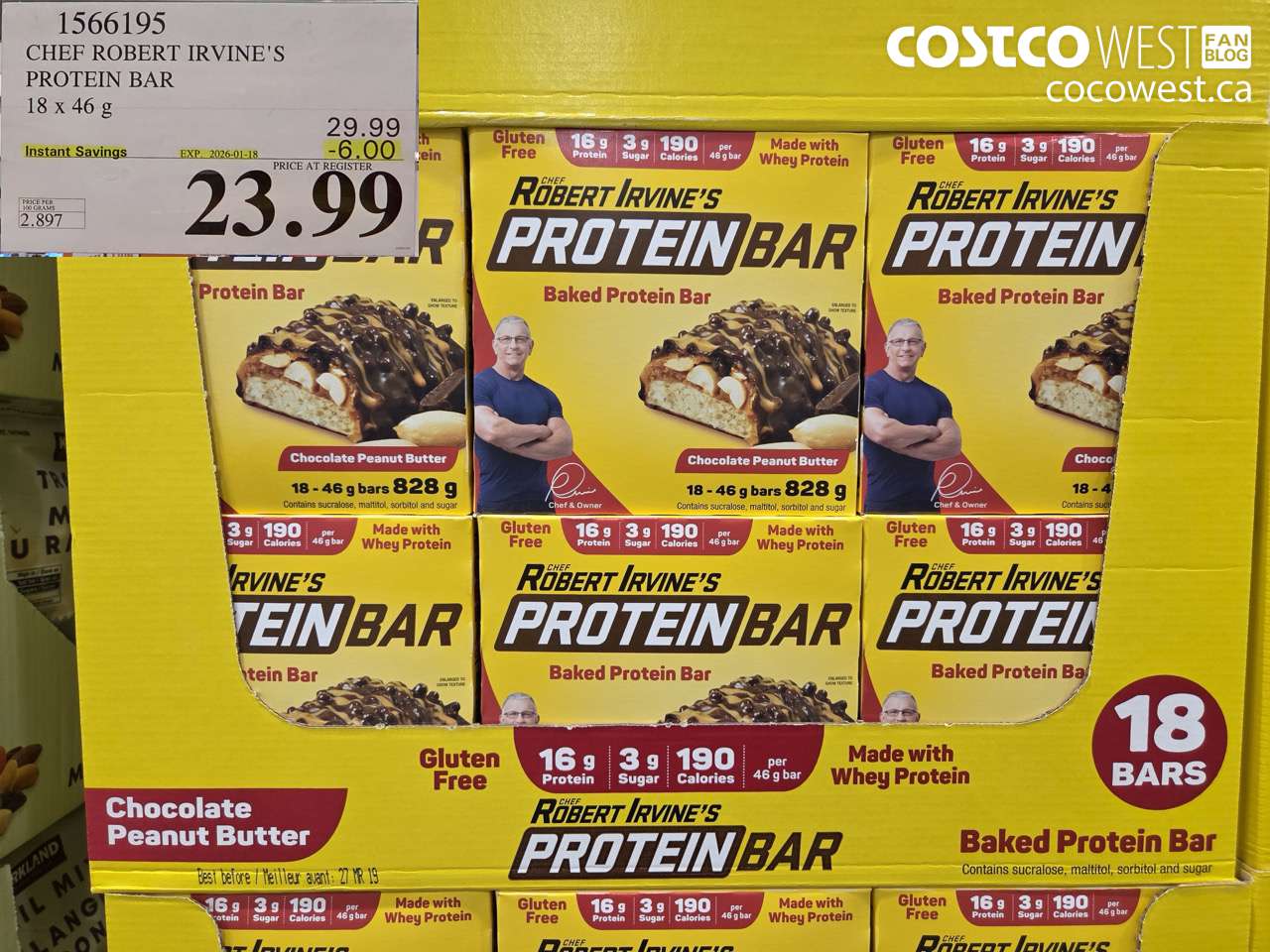 1566195 CHEF ROBERT IRVINE'S PROTEIN BAR 18 X 46G ($6.00 INSTANT SAVINGS EXPIRES ON 2026-01-18) $23.99
