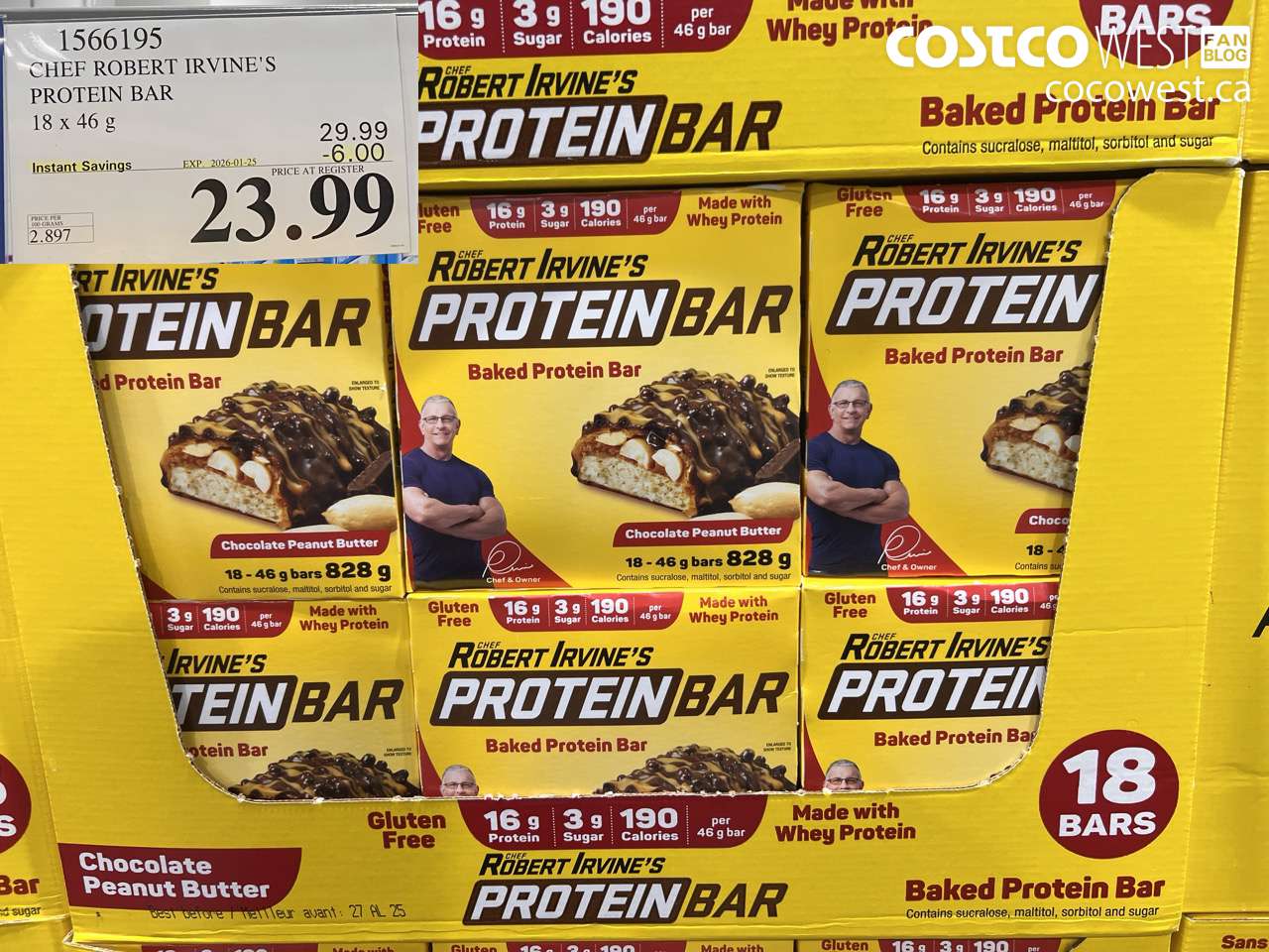 1566195 CHEF ROBERT IRVINE'S PROTEIN BAR 18 X 46G ($6.00 INSTANT SAVINGS EXPIRES ON 2026-01-25) $23.99