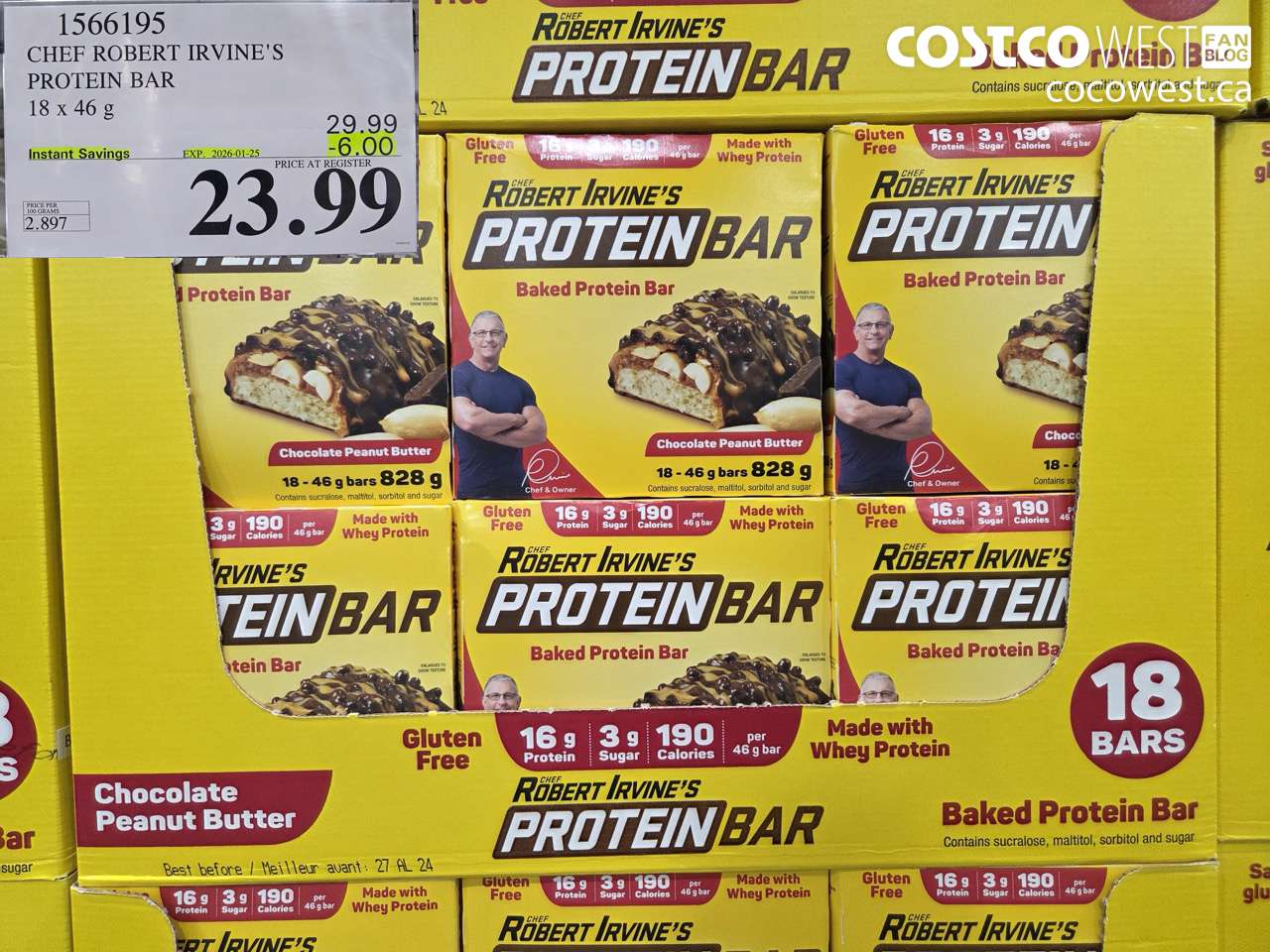 1566195 CHEF ROBERT IRVINE'S PROTEIN BAR 18 X 46G ($6.00 INSTANT SAVINGS EXPIRES ON 2026-01-25) $23.99