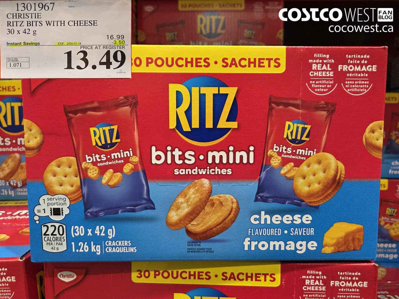 1301967 CHRISTE RITZ BITS WITH CHEESE 30 x 42 g ($3.50 INSTANT SAVINGS EXPIRES ON 2026-01-18) $13.49