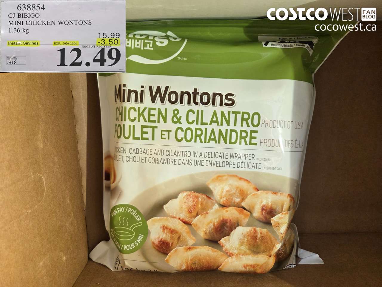 638854 CJ BIBIGO MINI CHICKEN WONTONS 1.36 KG ($3.50 INSTANT SAVINGS EXPIRES ON 2026-02-01) $12.49