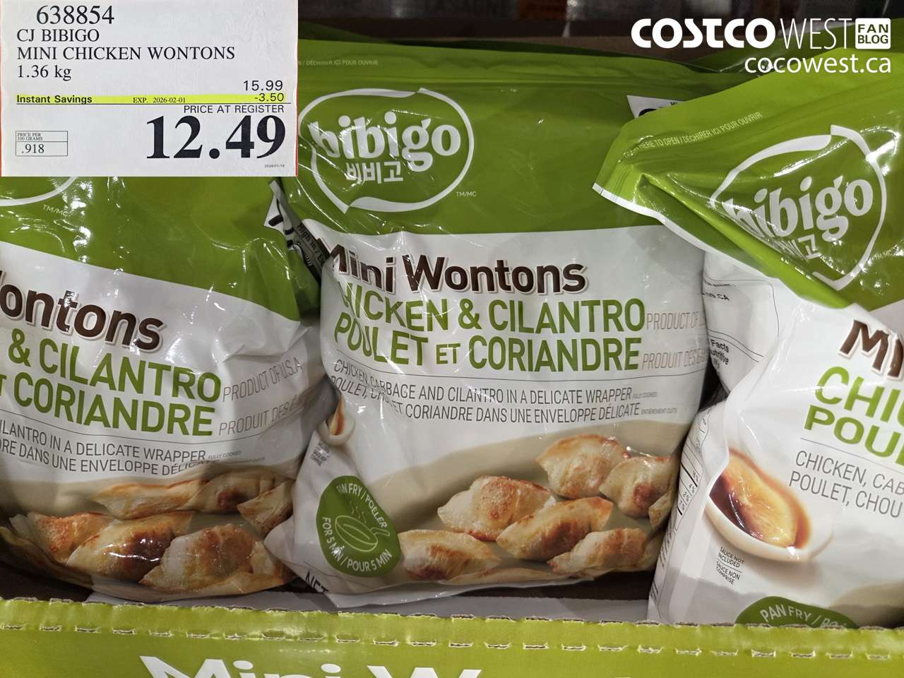 638854 CJ BIBIGO MINI CHICKEN WONTONS 1.36 KG ($3.50 INSTANT SAVINGS EXPIRES ON 2026-02-01) $12.49