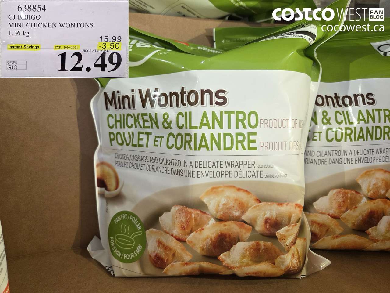 638854 CJ BIBIGO MINI CHICKEN WONTONS 1.36 KG ($3.50 INSTANT SAVINGS EXPIRES ON 2026-02-01) $12.49