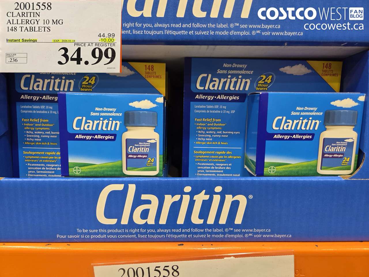 2001558 CLARITIN ALLERGY 10MG 148 TABLETS ($10.00 INSTANT SAVINGS EXPIRES ON 2026-01-18) $34.99
