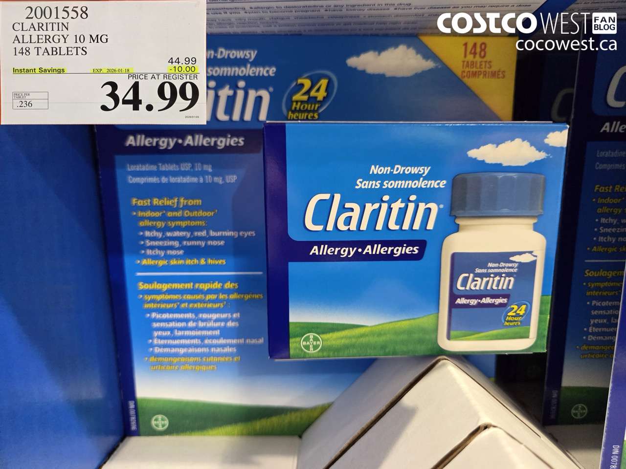 2001558 CLARITIN ALLERGY 10MG 148 TABLETS ($10.00 INSTANT SAVINGS EXPIRES ON 2026-01-18) $34.99