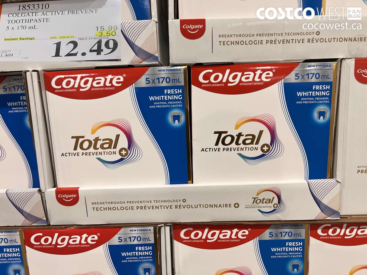 1853310 COLGATE ACTIVE PREVENT TOOTHPASTE 5 X 170ML ($3.50 INSTANT SAVINGS EXPIRES ON 2026-02-15) $12.49