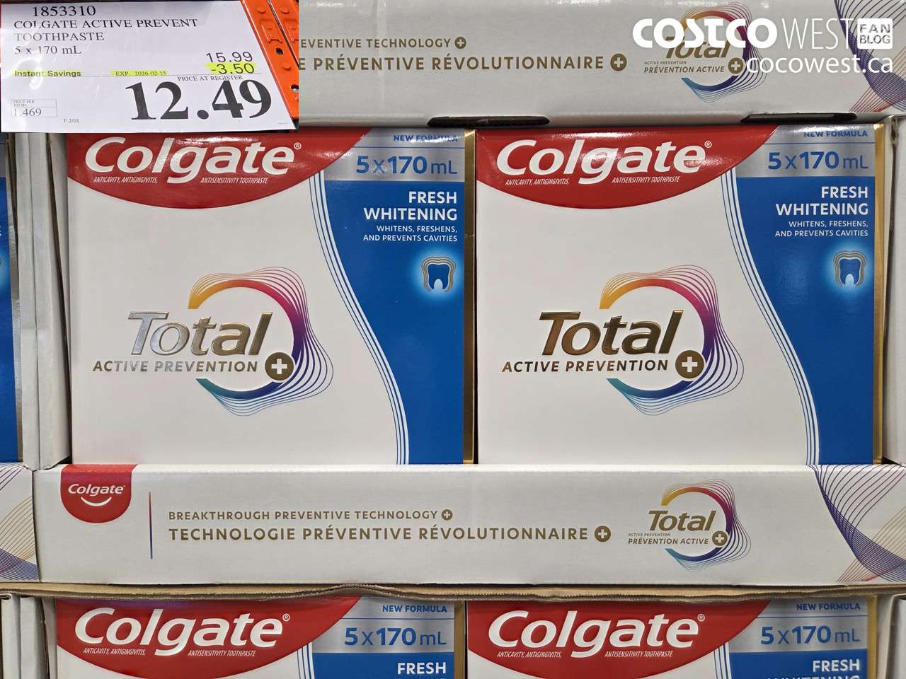 1853310 COLGATE ACTIVE PREVENT TOOTHPASTE 5 X 170ML ($3.50 INSTANT SAVINGS EXPIRES ON 2026-02-15) $12.49