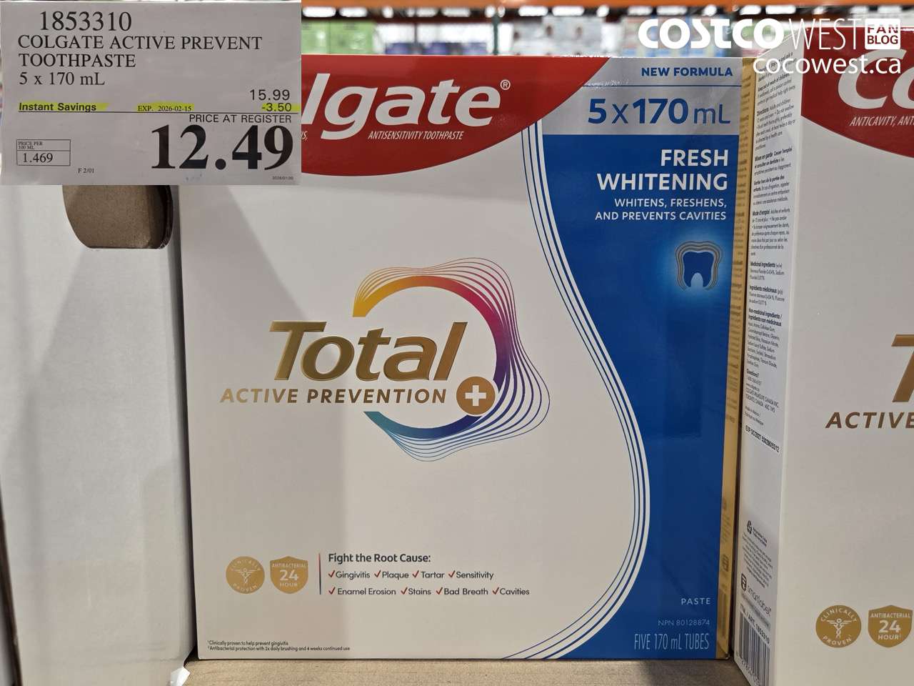 1853310 COLGATE ACTIVE PREVENT TOOTHPASTE 5 X 170ML ($3.50 INSTANT SAVINGS EXPIRES ON 2026-02-15) $12.49