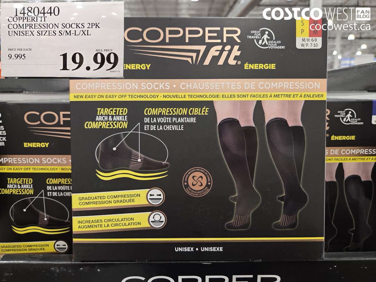 1480440 COPPERFIT COMPRESSION SOCK 2PK UNISEX SIZES S/M-L/XL $19.99