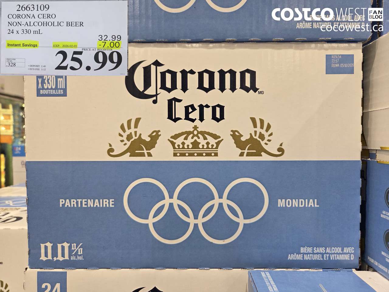 2663109 CORONA CERO NON-ALCOHOLIC BEER 24 X 330ML ($7.00 INSTANT SAVINGS EXPIRES ON 2026-02-01) $25.99