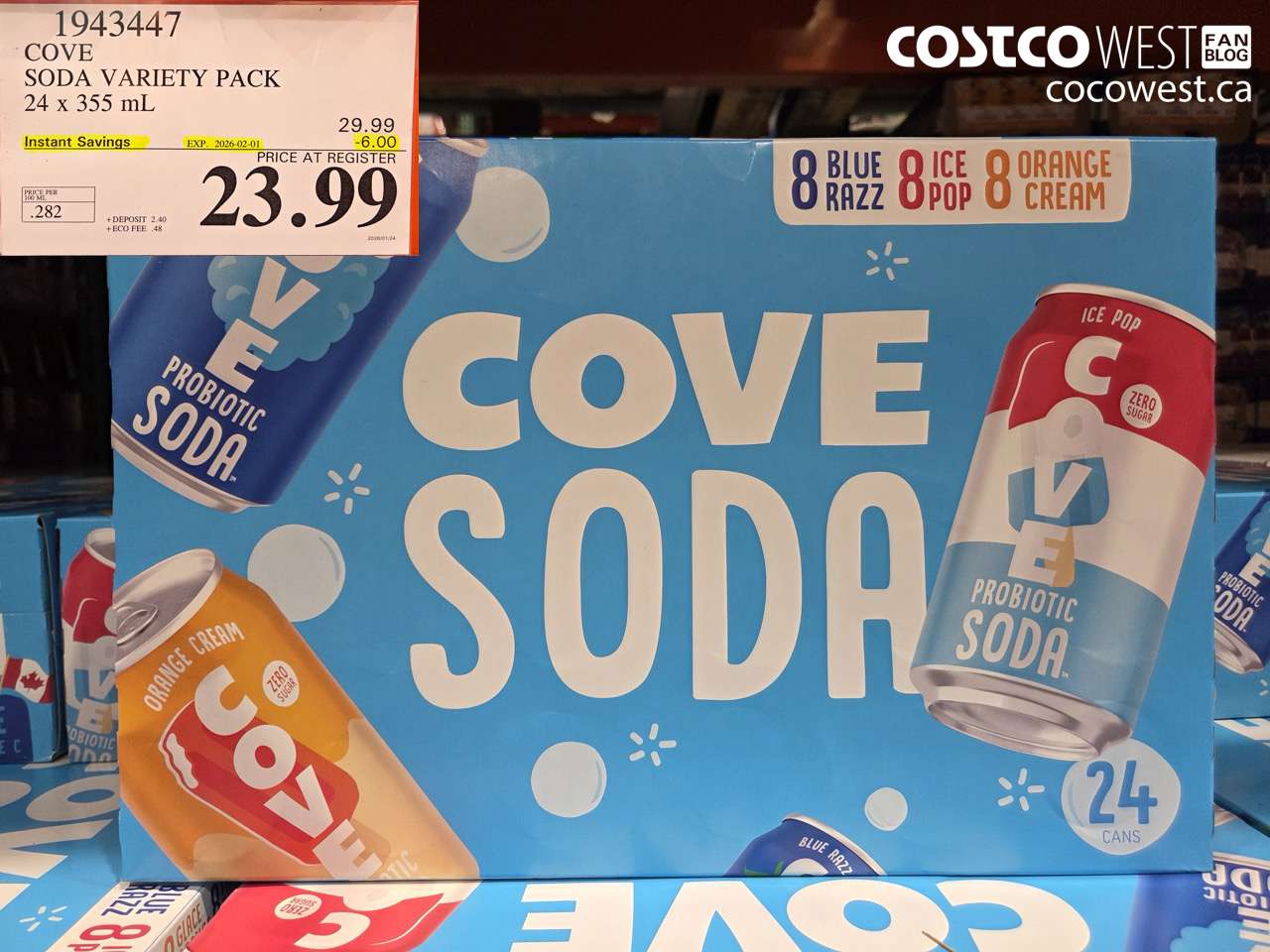 1943447 COVE SODA SUMMER VARIETY 24 X 355ML ($6.00 INSTANT SAVINGS EXPIRES ON 2026-02-01) $23.99