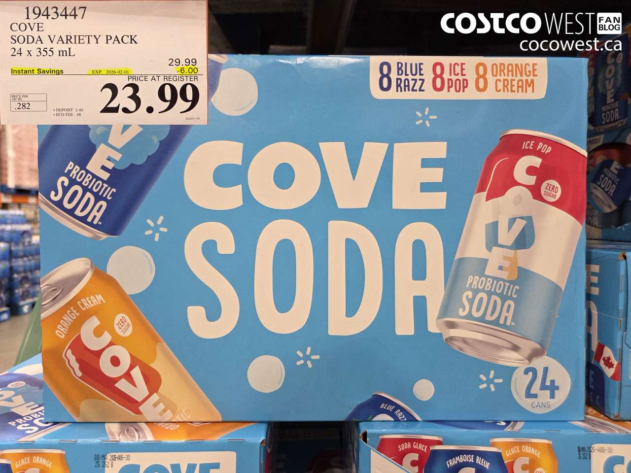 1943447 COVE SODA SUMMER VARIETY 24 X 355ML ($6.00 INSTANT SAVINGS EXPIRES ON 2026-02-01) $23.99