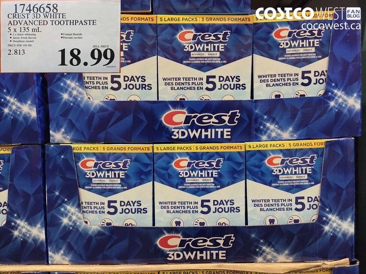 1746658 CREST 3D WHITE ADVANCED TOOTHPASTE 5 X 135ML $18.99