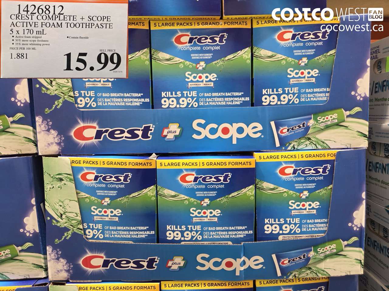 1426812 CREST COMPLETE + SCOPE ACTIVE FOAM TOOTHPASTE 5 x 170ml  $15.99