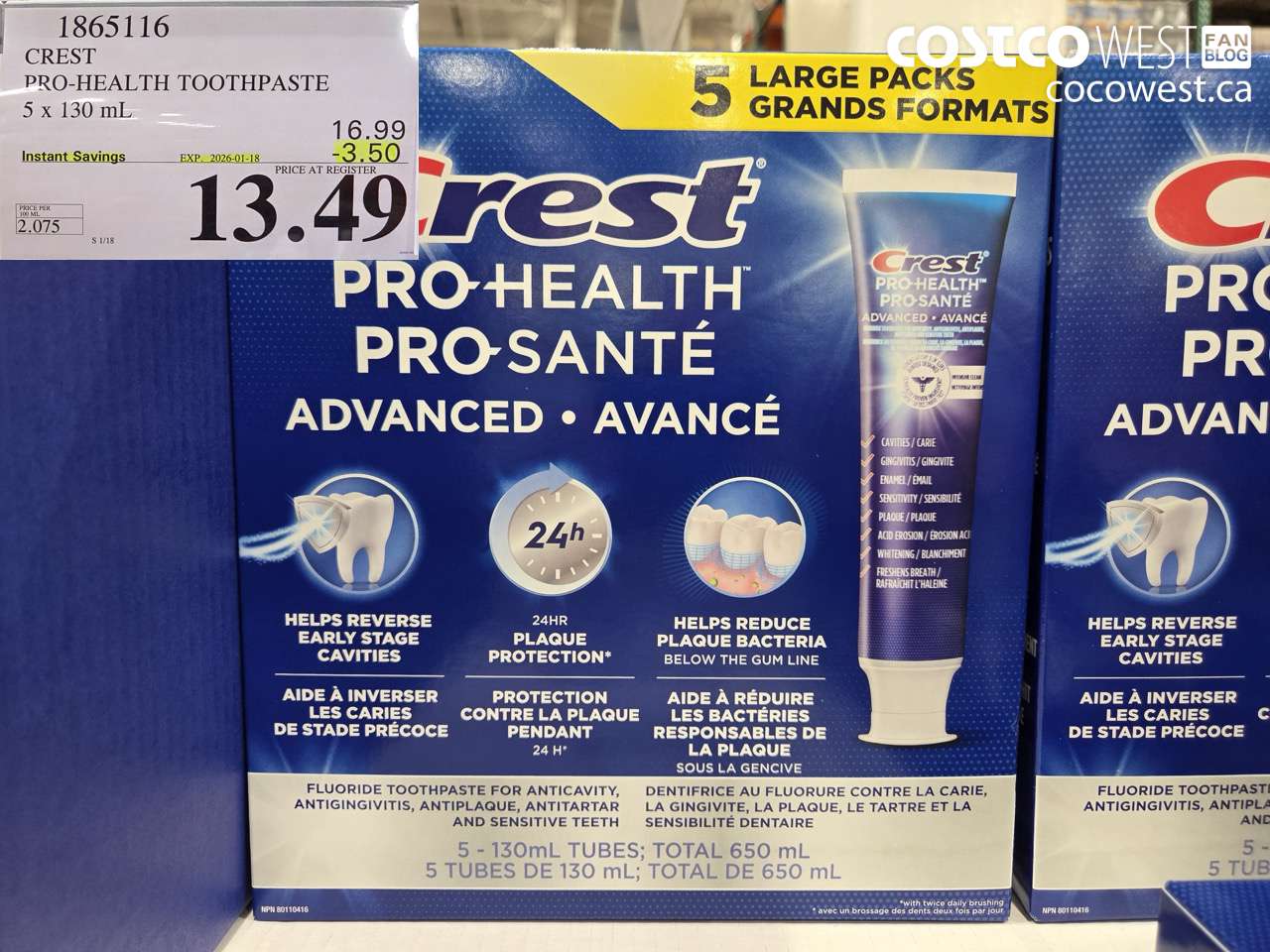 1865116 CREST PRO-HEALTH ADVANCED TOOTHPASTE 5 X 130ML ($3.50 INSTANT SAVINGS EXPIRES ON 2026-01-18) $13.49