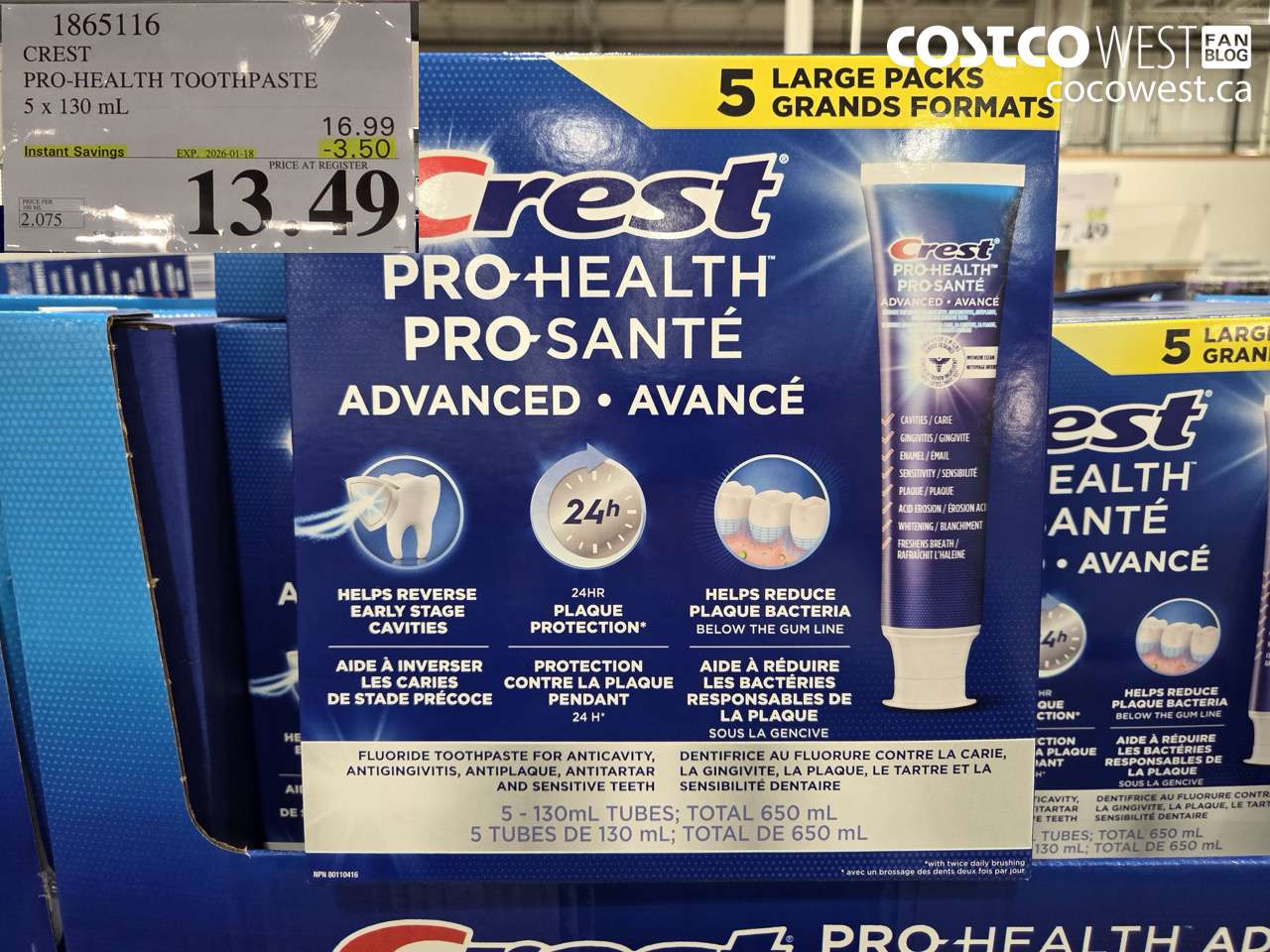 1865116 CREST PRO-HEALTH ADVANCED TOOTHPASTE 5 X 130ML ($3.50 INSTANT SAVINGS EXPIRES ON 2026-01-18) $13.49