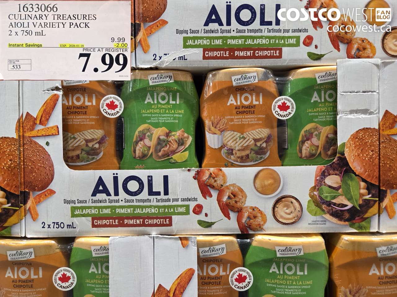 1633066 CULINARY TREASURES AIOLI VARIETY PACK 2 x 750 mL ($2.00 INSTANT SAVINGS EXPIRES ON 2026-01-18) $7.99