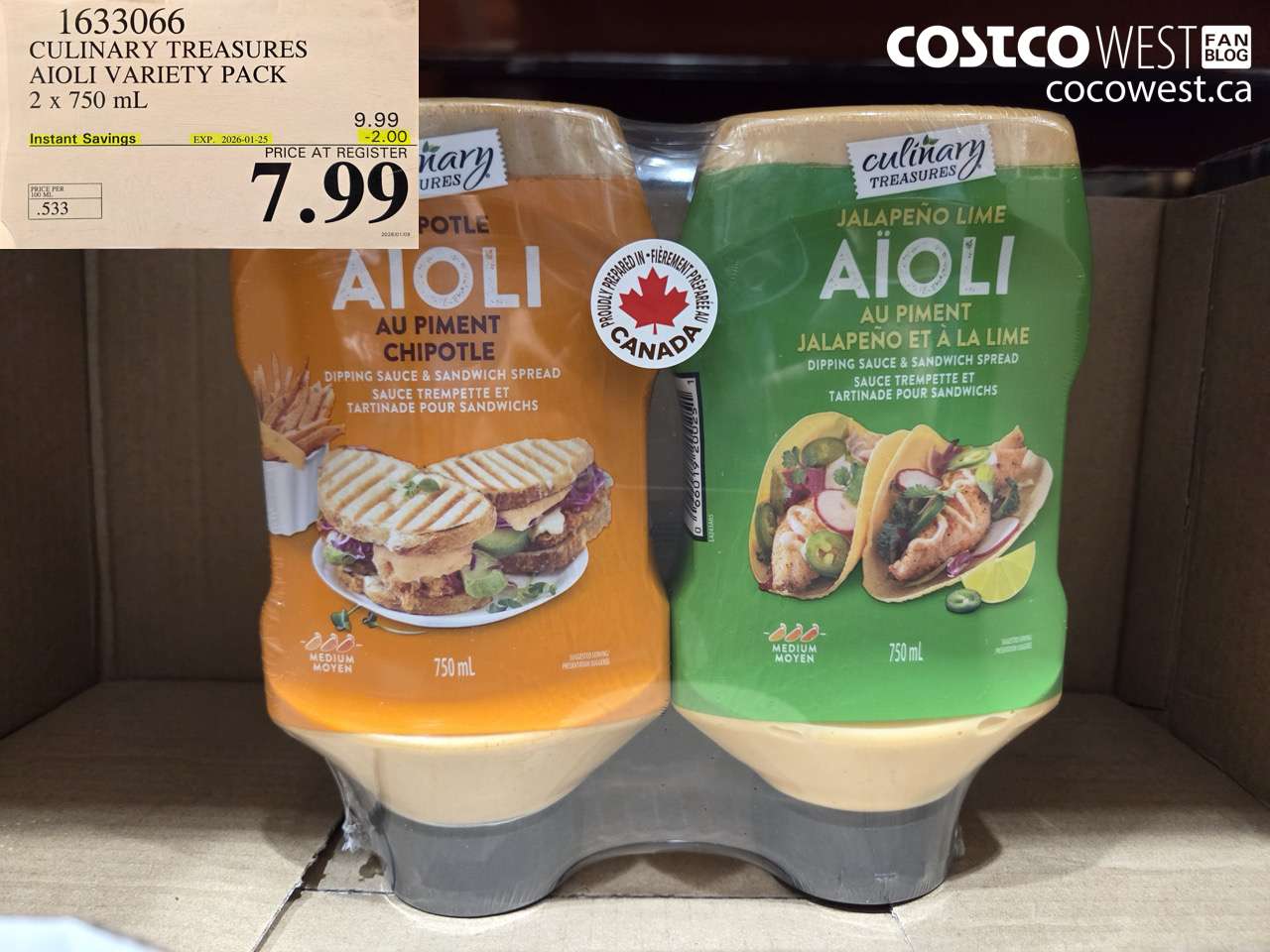1633066 CULINARY TREASURES AIOLI VARIETY PACK 2 x 750 mL ($2.00 INSTANT SAVINGS EXPIRES ON 2026-01-25) $7.99
