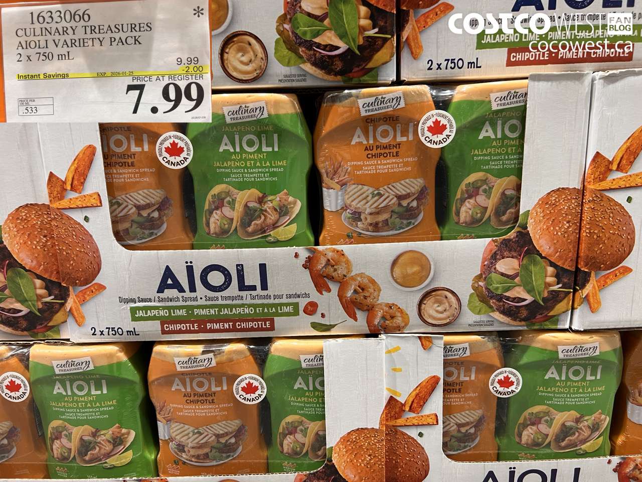 1633066 CULINARY TREASURES AIOLI VARIETY PACK 2 x 750 mL ($2.00 INSTANT SAVINGS EXPIRES ON 2026-01-25) $7.99