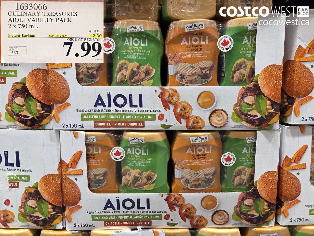 1633066 CULINARY TREASURES AIOLI VARIETY PACK 2 x 750 mL ($2.00 INSTANT SAVINGS EXPIRES ON 2026-01-25) $7.99