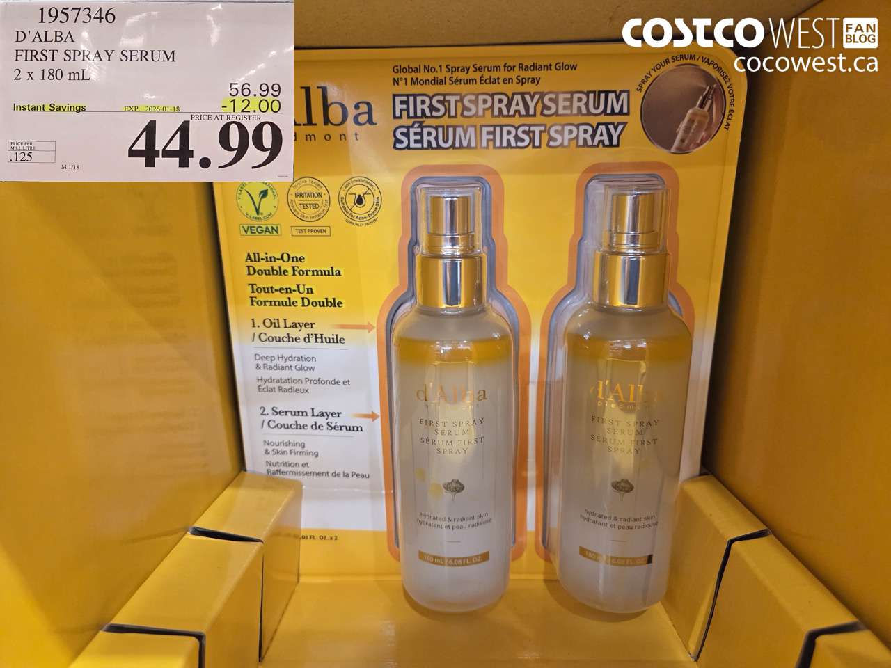 1957346 D'ALBA FIRST SPRAY SERUM 2 X 180ML ($12.00 INSTANT SAVINGS EXPIRES ON 2026-01-18) $44.99