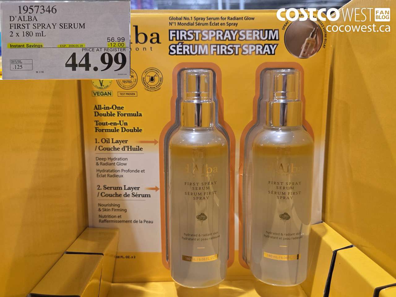 1957346 D'ALBA FIRST SPRAY SERUM 2 X 180ML ($12.00 INSTANT SAVINGS EXPIRES ON 2026-01-18) $44.99