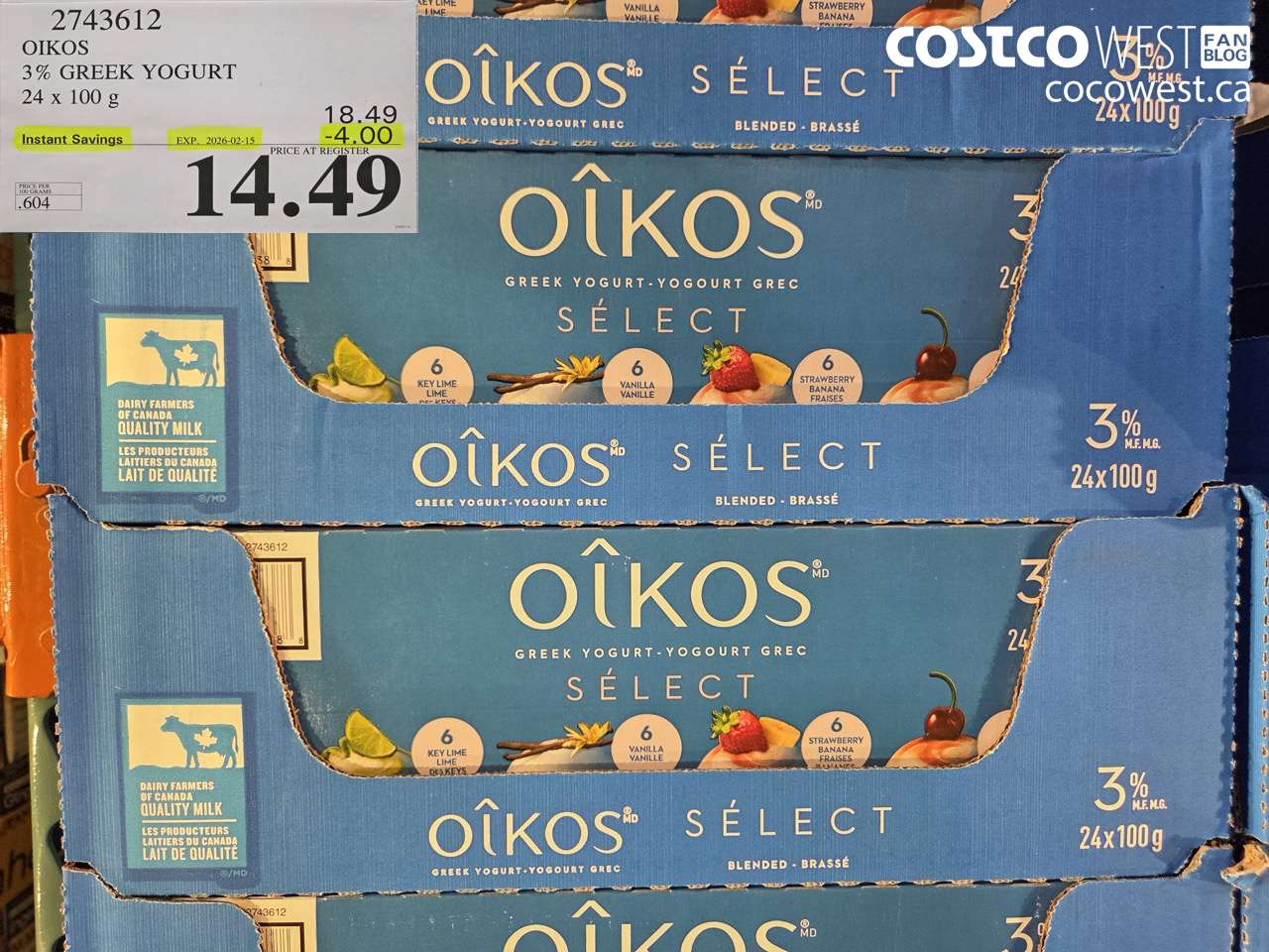 2743612 DANONE OIKOS 3% GREEK YOGURT 24 X 100 G ($4.00 INSTANT SAVINGS EXPIRES ON 2026-02-15) $14.49