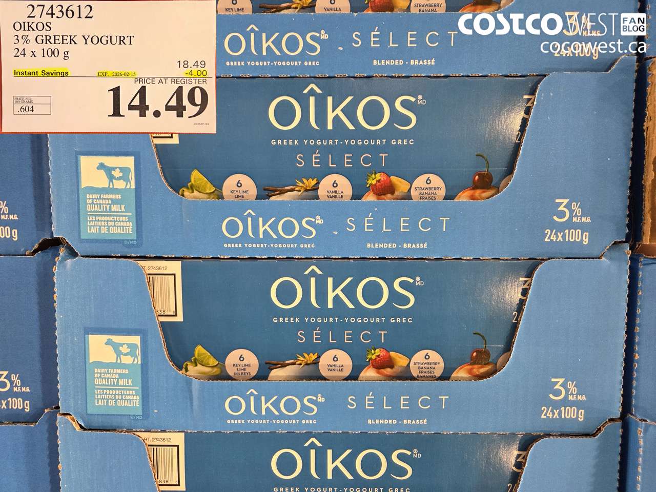 2743612 DANONE OIKOS 3% GREEK YOGURT 24 X 100 G ($4.00 INSTANT SAVINGS EXPIRES ON 2026-02-15) $14.49