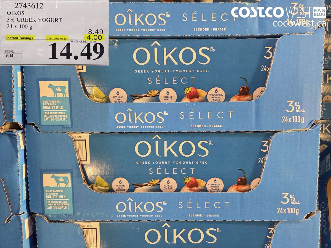 2743612 DANONE OIKOS 3% GREEK YOGURT 24 X 100 G ($4.00 INSTANT SAVINGS EXPIRES ON 2026-02-15) $14.49
