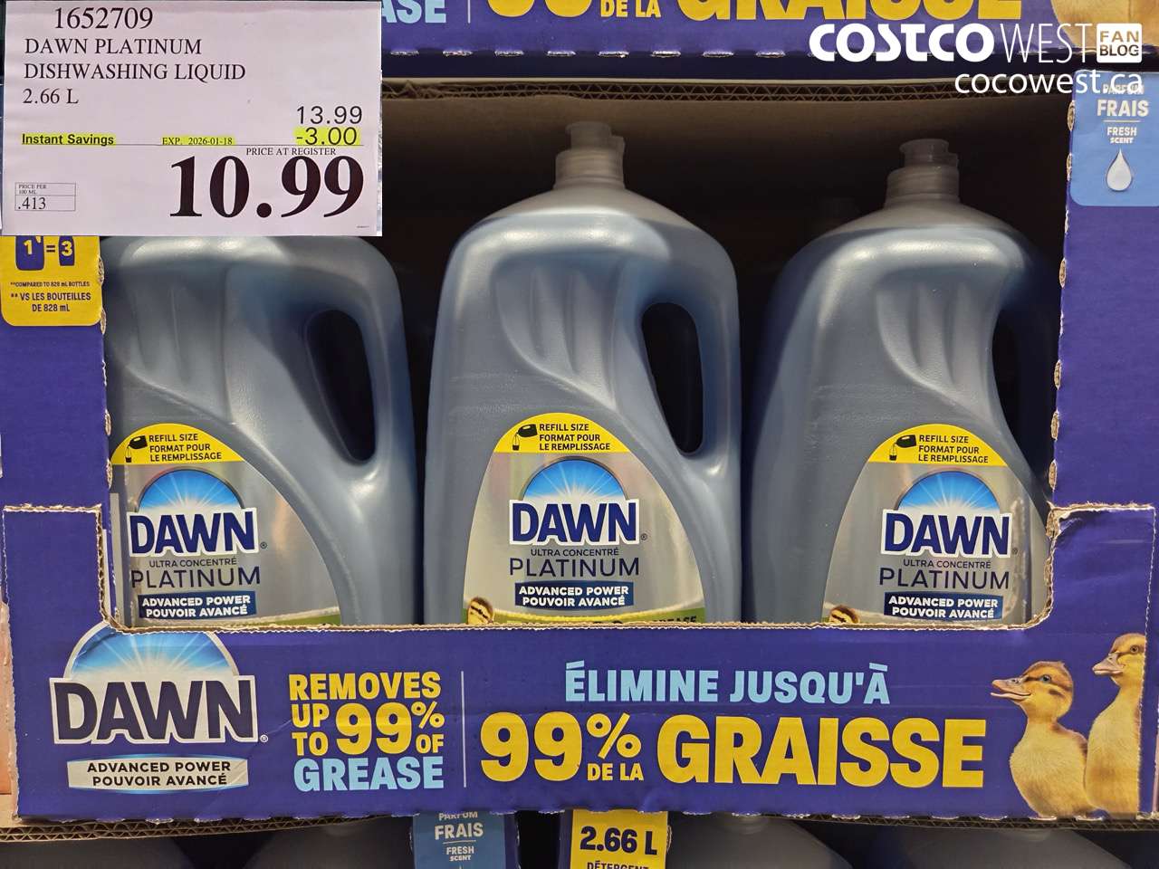1652709 DAWN PLATINUM LIQUID DISH DETERGENT 2.66L ($3.00 INSTANT SAVINGS EXPIRES ON 2026-01-18) $10.99