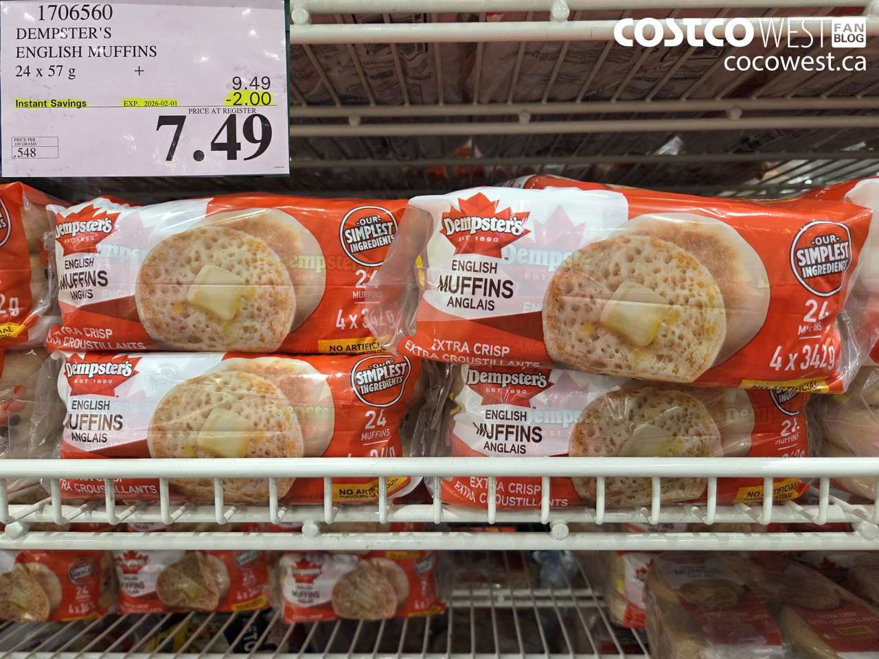 1706560 DEMPSTER'S ENGLISH MUFFINS 24 Pack ($2.00 INSTANT SAVINGS EXPIRES ON 2026-02-01) $7.49