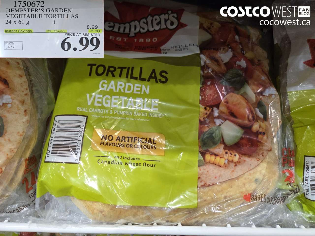 1750672 DEMPSTER'S GARDEN VEGETABLE TORTILLAS 24 X 61 G ($2.00 INSTANT SAVINGS EXPIRES ON 2026-02-01) $6.99