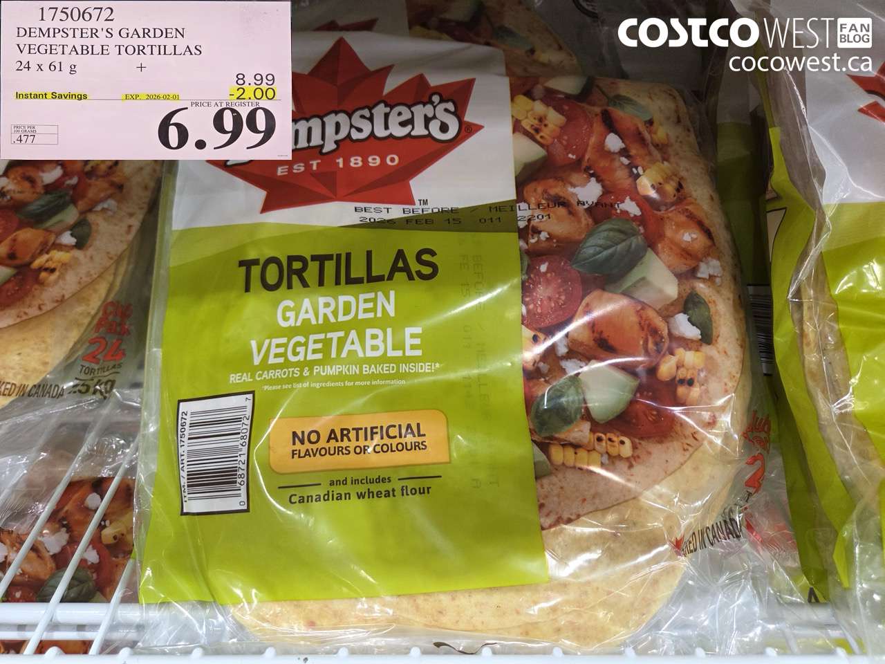1750672 DEMPSTER'S GARDEN VEGETABLE TORTILLAS 24 X 61 G ($2.00 INSTANT SAVINGS EXPIRES ON 2026-02-01) $6.99