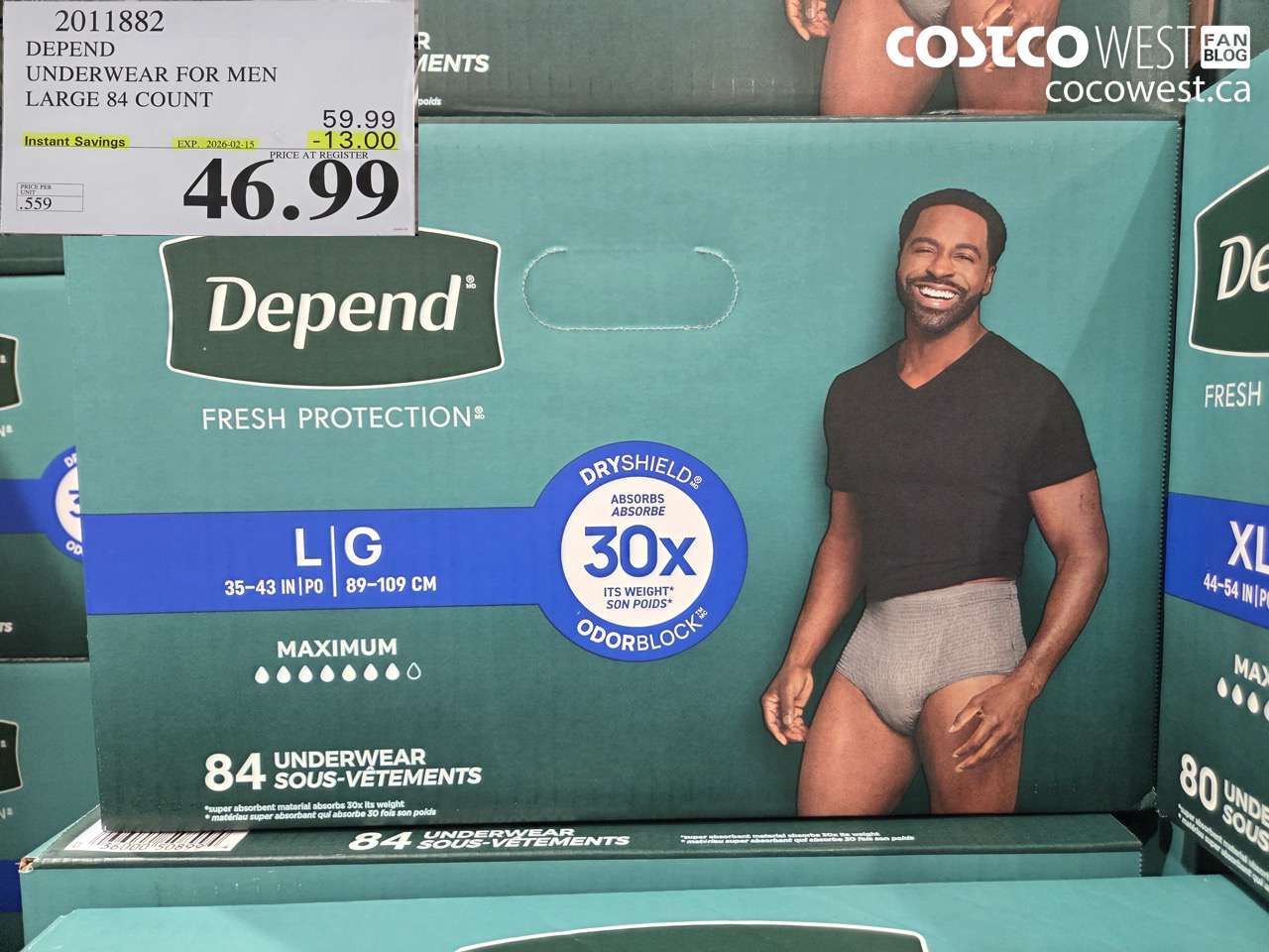 2011882 DEPEND UNDERWEAR FOR MEN LARGE 84 COUNT ($13.00 INSTANT SAVINGS EXPIRES ON 2026-02-15) $46.99
