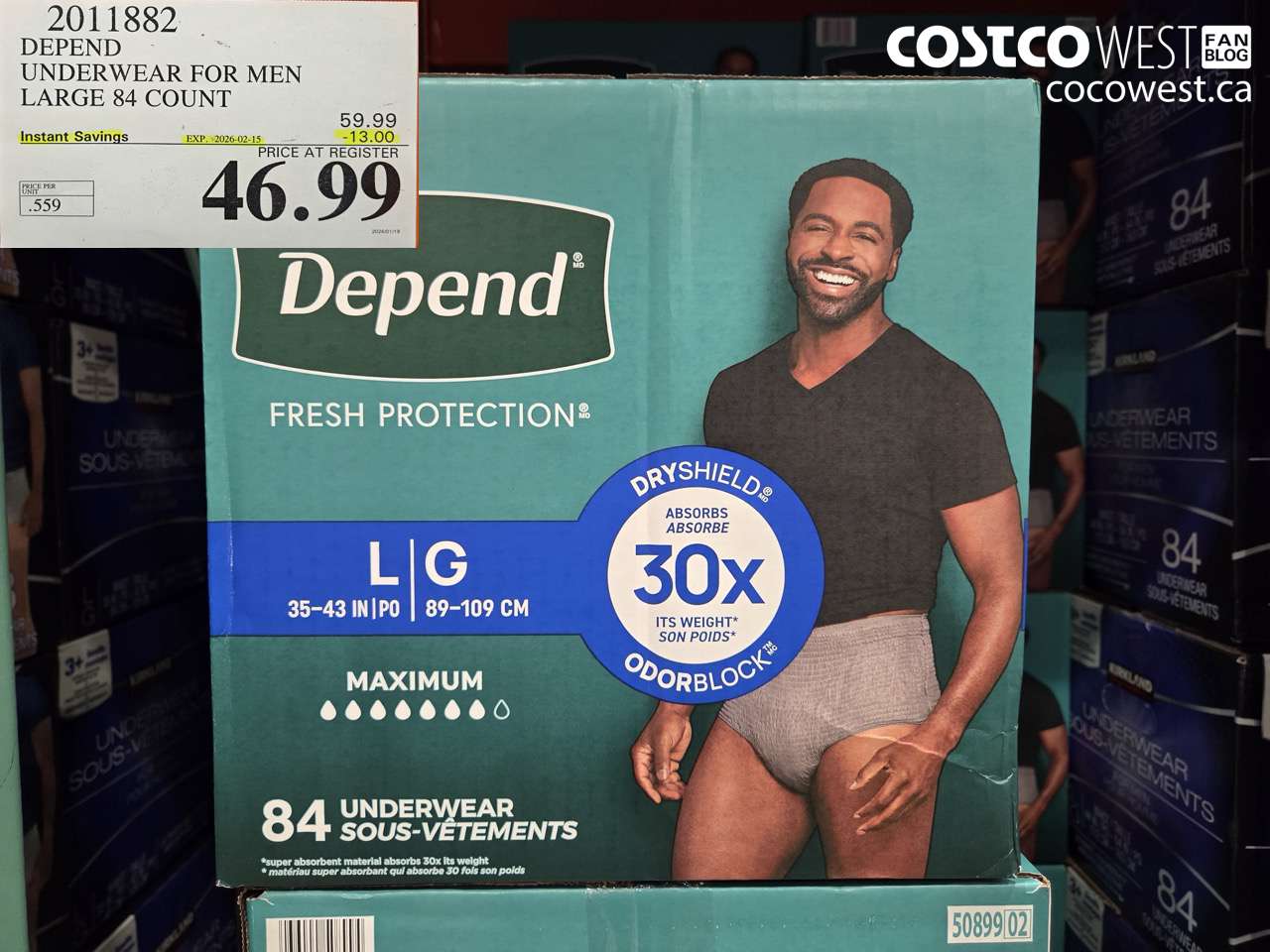 2011882 DEPEND UNDERWEAR FOR MEN LARGE 84 COUNT ($13.00 INSTANT SAVINGS EXPIRES ON 2026-02-15) $46.99