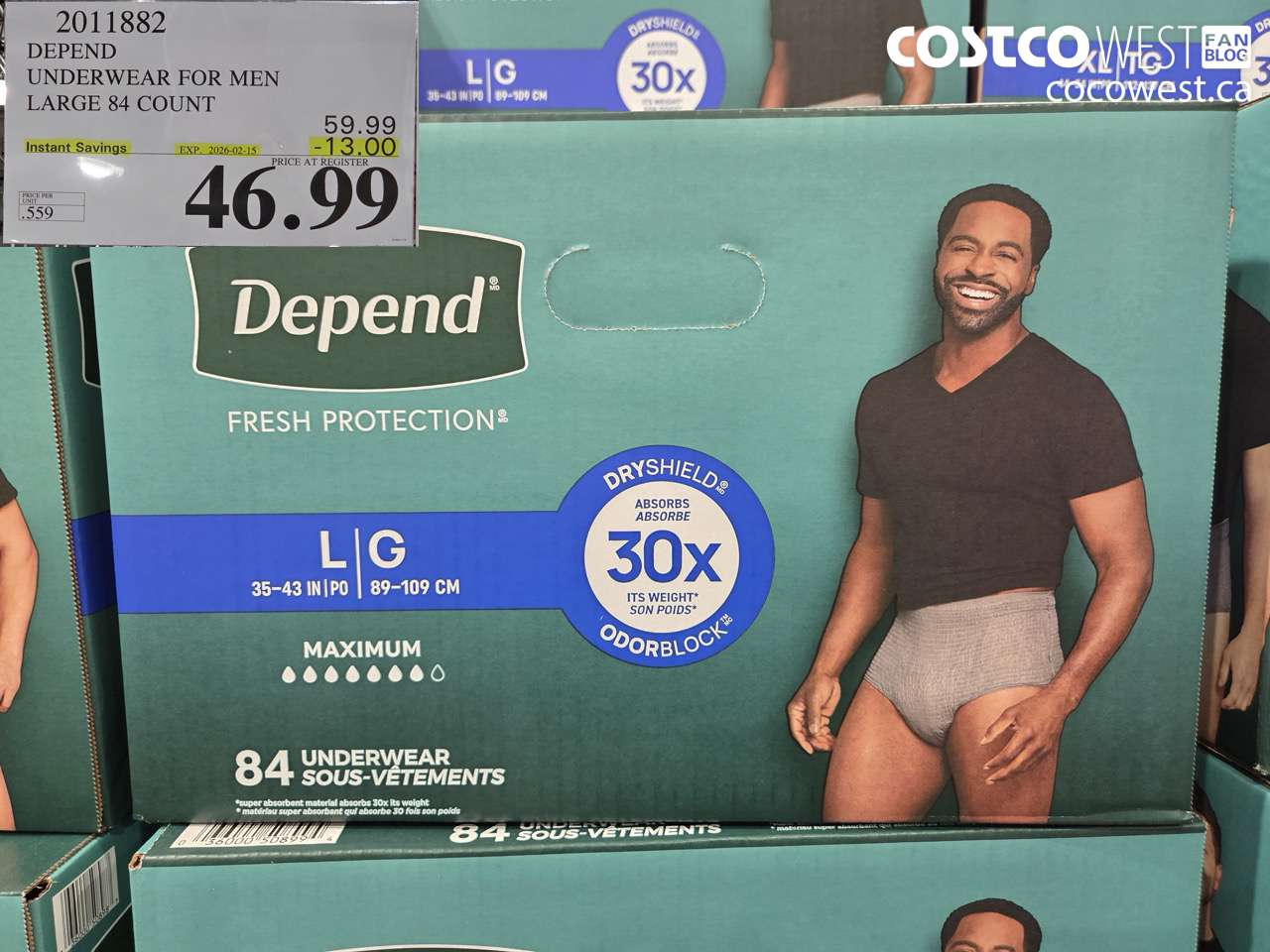 2011882 DEPEND UNDERWEAR FOR MEN LARGE 84 COUNT ($13.00 INSTANT SAVINGS EXPIRES ON 2026-02-15) $46.99