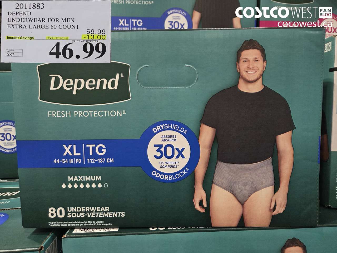 2011883 DEPEND UNDERWEAR FOR MEN X-LARGE 80 COUNT ($13.00 INSTANT SAVINGS EXPIRES ON 2026-02-15) $46.99