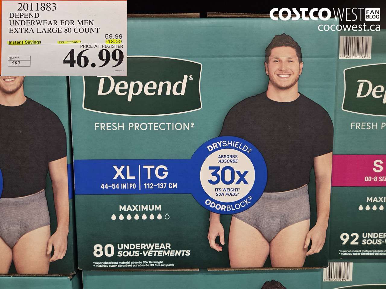 2011883 DEPEND UNDERWEAR FOR MEN X-LARGE 80 COUNT ($13.00 INSTANT SAVINGS EXPIRES ON 2026-02-15) $46.99