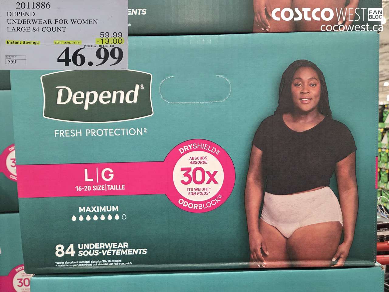 2011886 DEPEND UNDERWEAR FOR WOMEN LARGE 84 COUNT ($13.00 INSTANT SAVINGS EXPIRES ON 2026-02-15) $46.99