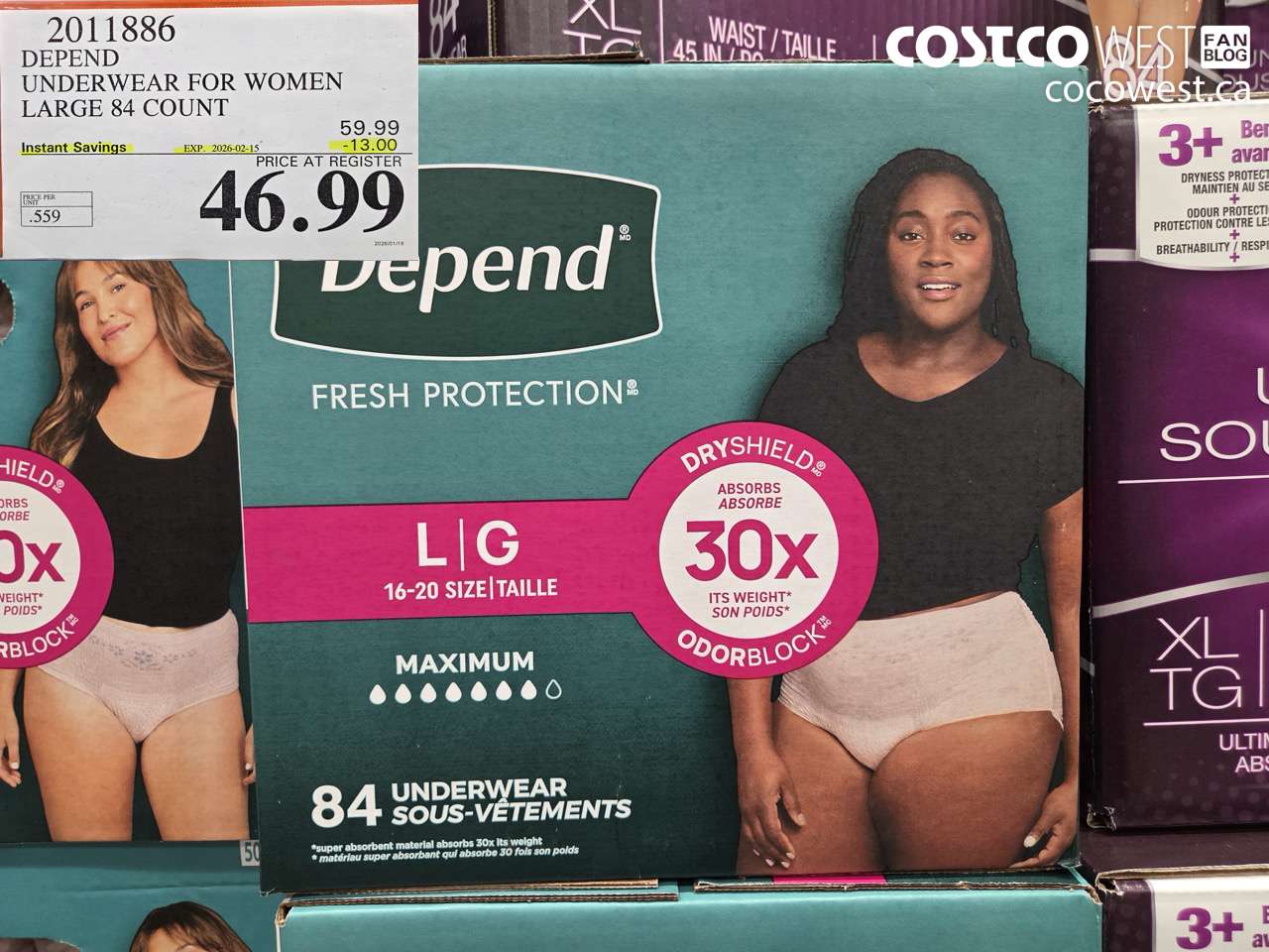 2011886 DEPEND UNDERWEAR FOR WOMEN LARGE 84 COUNT ($13.00 INSTANT SAVINGS EXPIRES ON 2026-02-15) $46.99