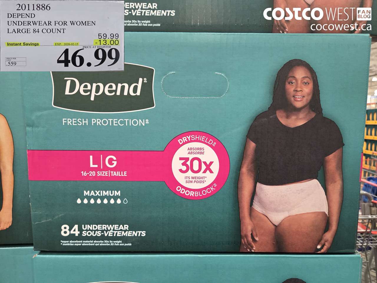 2011886 DEPEND UNDERWEAR FOR WOMEN LARGE 84 COUNT ($13.00 INSTANT SAVINGS EXPIRES ON 2026-02-15) $46.99