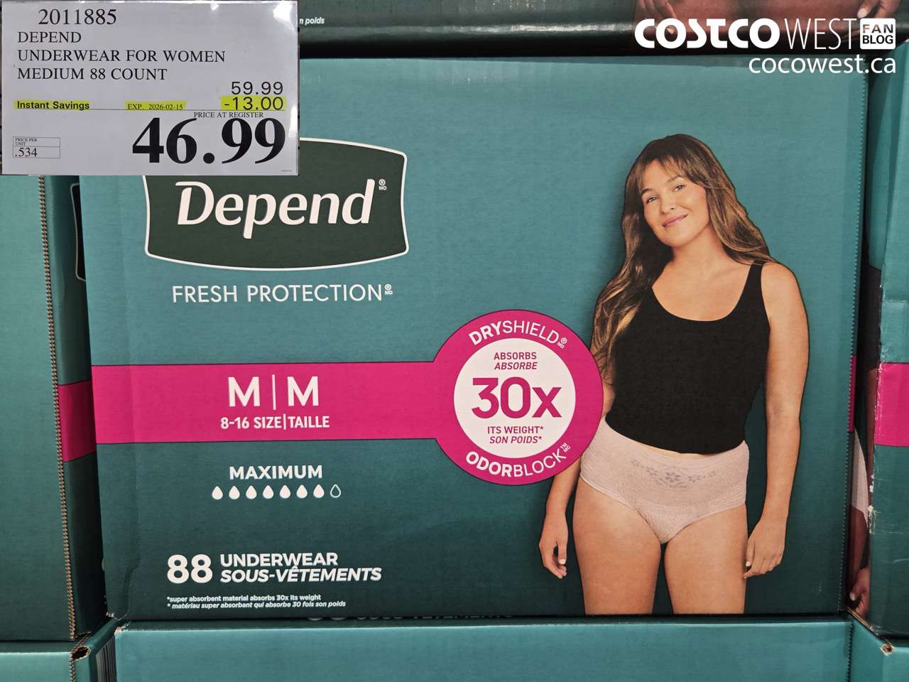 2011885 DEPEND UNDERWEAR FOR WOMEN MEDIUM 88 COUNT ($13.00 INSTANT SAVINGS EXPIRES ON 2026-02-15) $46.99