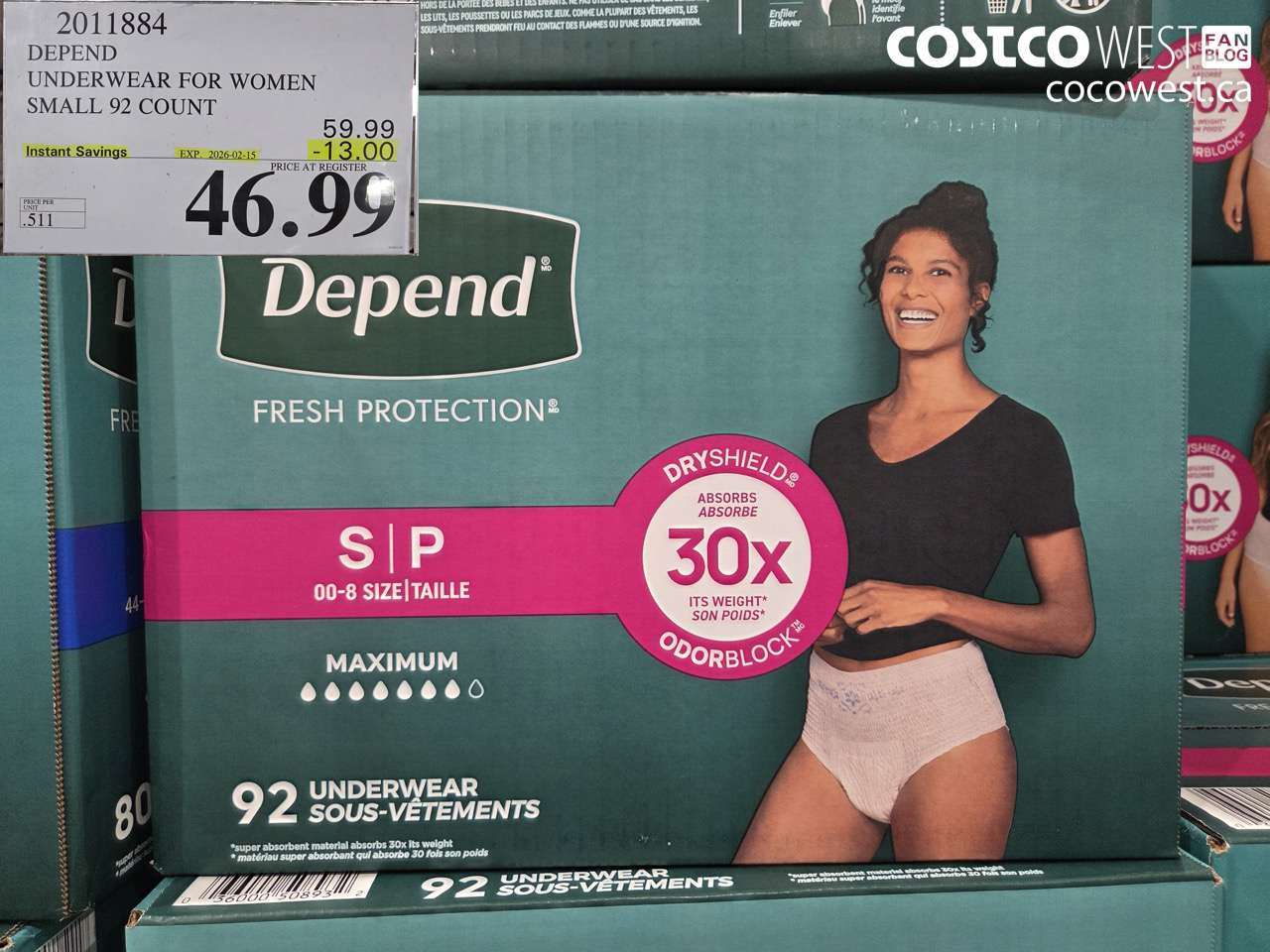 2011884 DEPEND UNDERWEAR FOR WOMEN SMALL 92 COUNT ($13.00 INSTANT SAVINGS EXPIRES ON 2026-02-15) $46.99