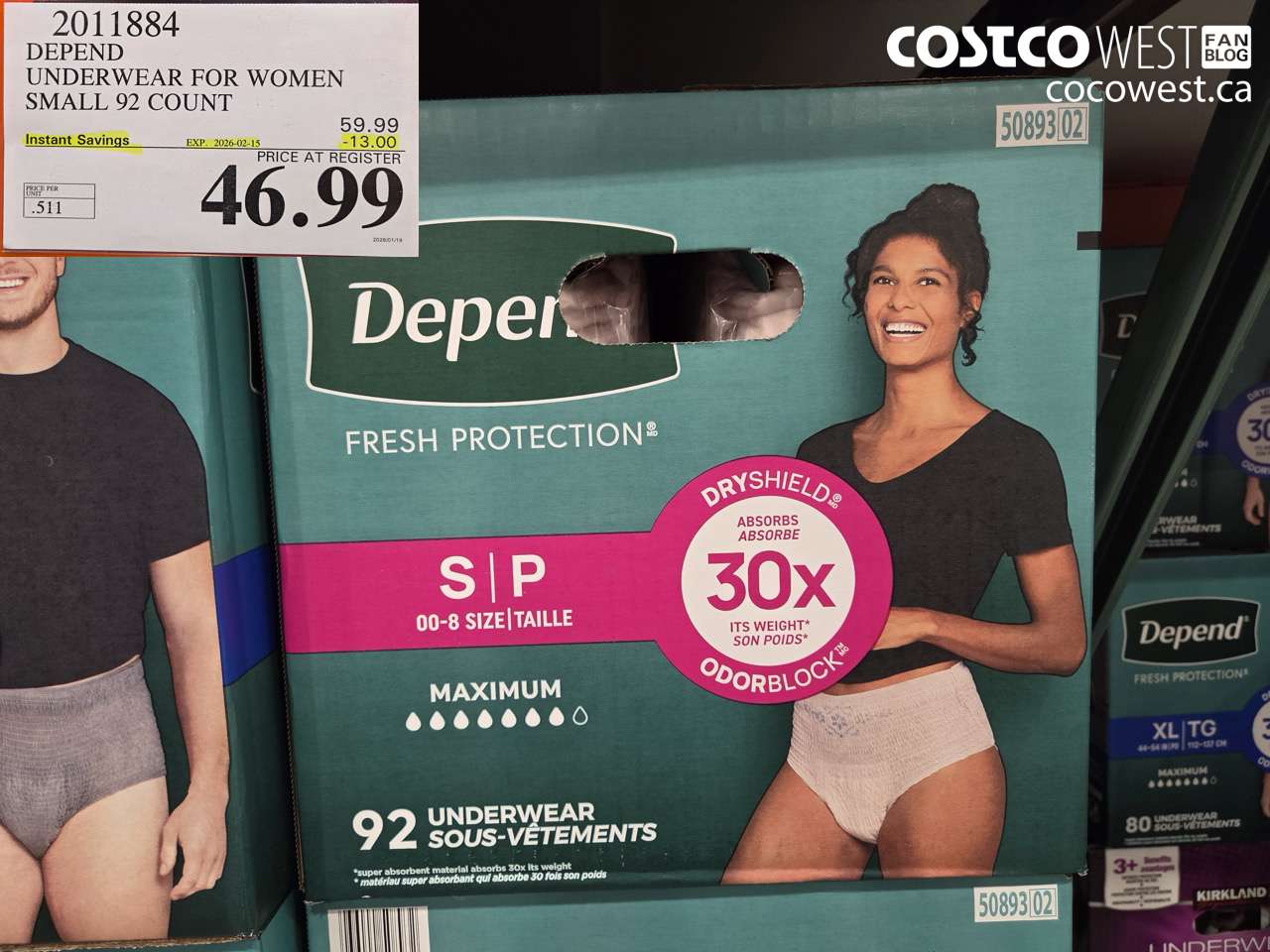 2011884 DEPEND UNDERWEAR FOR WOMEN SMALL 92 COUNT ($13.00 INSTANT SAVINGS EXPIRES ON 2026-02-15) $46.99
