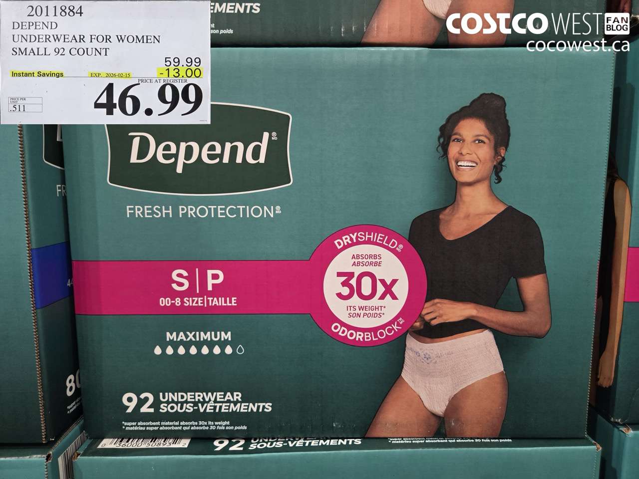 2011884 DEPEND UNDERWEAR FOR WOMEN SMALL 92 COUNT ($13.00 INSTANT SAVINGS EXPIRES ON 2026-02-15) $46.99