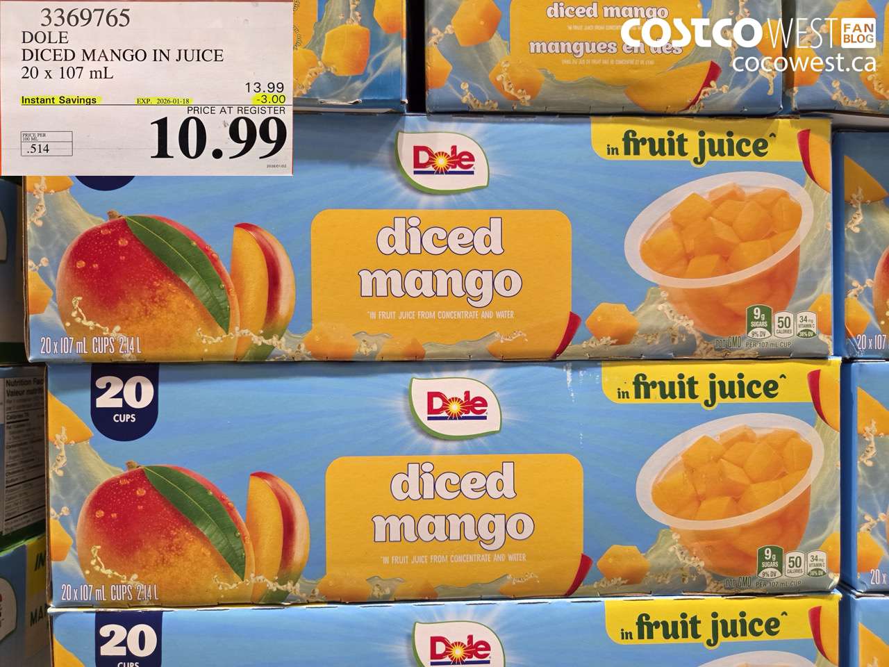 3369765 DOLE DICED MANGO IN JUICE 20 X 107ML ($3.00 INSTANT SAVINGS EXPIRES ON 2026-01-18) $10.99